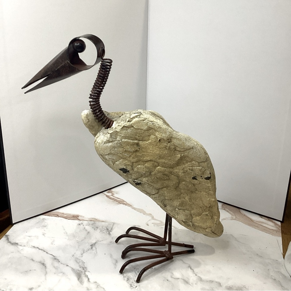 Handcrafted  Rustic Textured Wood & Metal Heron Bird Sculpture, 12” Folk Art